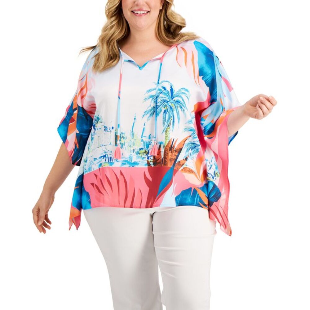 JM Collection Plus Size Tropical Print Poncho